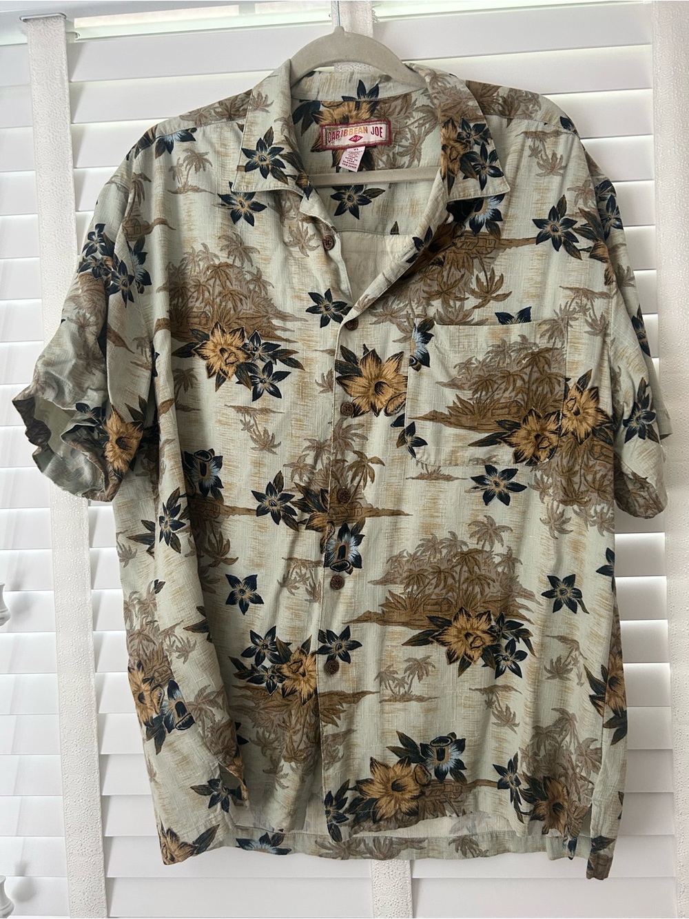 Caribbean Joe Hawaiian Shirt Button Down Short Sleeve Blue Palm Tree Floral XL